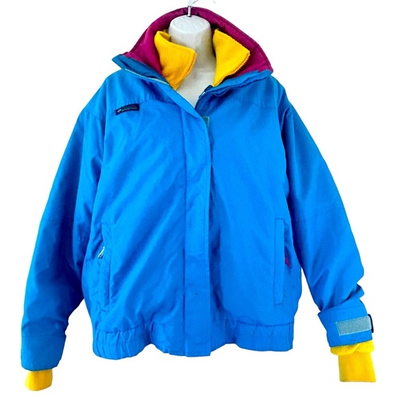 COLUMBIA BUGABOO Vintage 80/90s 3-in-1 Ski Coat Jacket Blue Pink Yellow Women L - Picture 1 of 16